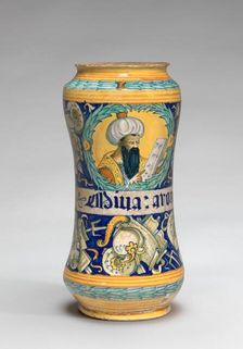 Albarello with black-bearded physician and trophies of arms, c. 1550/1575. Creator: Unknown