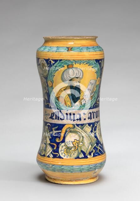 Albarello with black-bearded physician and trophies of arms, c. 1550/1575. Creator: Unknown.