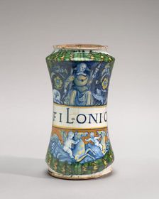 Albarello with woman spinning and putti on sea monsters, c. 1500/1510. Creator: Unknown