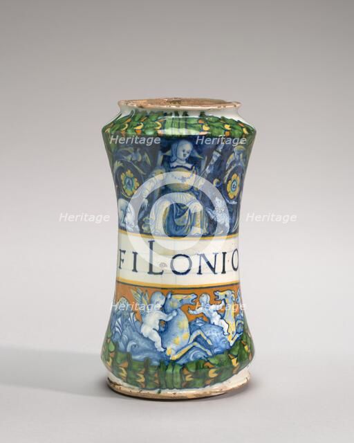 Albarello with woman spinning and putti on sea monsters, c. 1500/1510. Creator: Unknown.