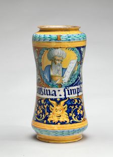 Albarello with white-bearded physician and trophies of arms, c. 1550/1575. Creator: Unknown