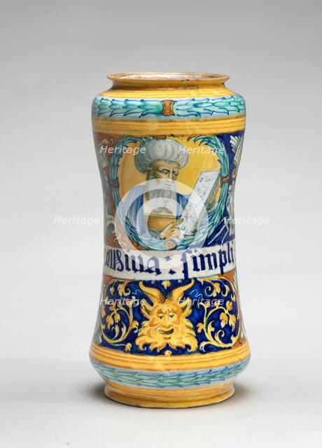 Albarello with white-bearded physician and trophies of arms, c. 1550/1575. Creator: Unknown.