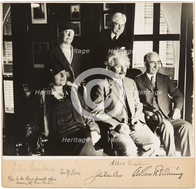 Albert and Elsa Einstein, John and Lora Baer and Arthur H. Fleming, Pasadena, 1 January 1931, 1931. Creator: Anonymous.