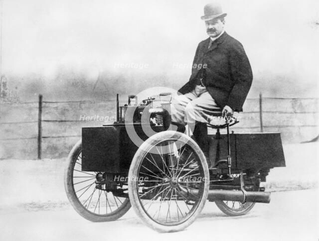 Albert de Dion on a steam tricycle, 1888. Artist: Unknown