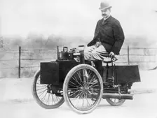 Albert de Dion on a steam tricycle, 1888
