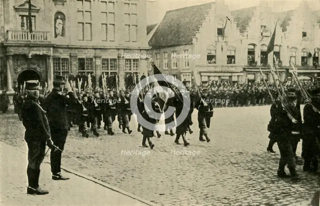 Albert I of Belgium reviewing troops, First World War, 1914, (c1920). Creator: Unknown.