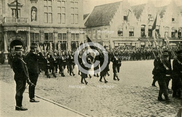 Albert I of Belgium reviewing troops, First World War, 1914, (c1920). Creator: Unknown.