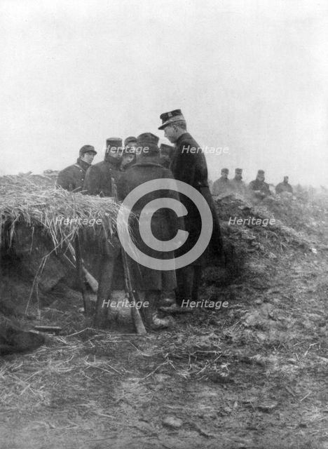 Albert I, the third King of the Belgians, visiting the trenches of Avecapelle, Belgium, 1915. Artist: Unknown