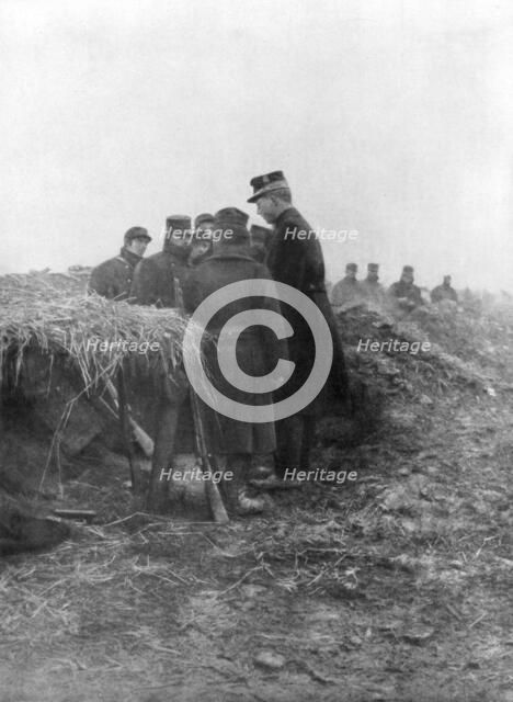 Albert I, the third King of the Belgians, visiting the trenches of Avecapelle, Belgium, 1915. Artist: Unknown