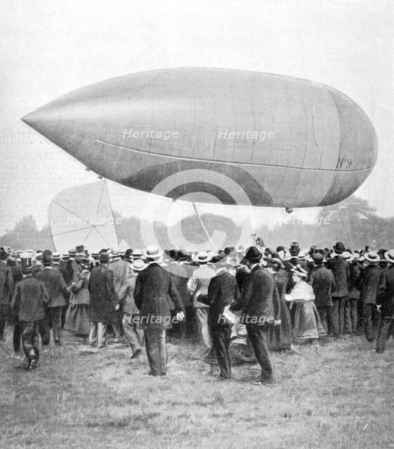 Alberto Santos-Dumont landing his airship number 9 in Longchamp, Paris, 1903. Artist: Unknown