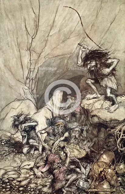 'Alberich drives in a band of Nibelungs with gold and silver treasures', 1910.  Creator: Arthur Rackham.