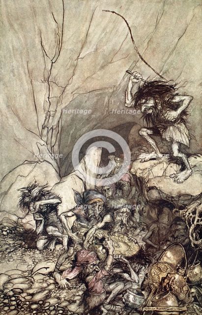 'Alberich drives in a band of Nibelungs with gold and silver treasures', 1910.  Creator: Arthur Rackham.