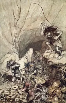 Alberich drives in a band of Nibelungs with gold and silver treasures 1910. Creator: Arthur Rackham