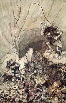 Alberich drives in a band of Nibelungs with gold and silver treasures 1910. Creator: Arthur Rackham
