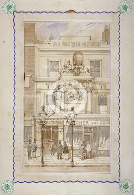 Albion House and the entrance to the Princess's Theatre, Oxford Street, Westminster, London, c1840. Artist: James Findlay