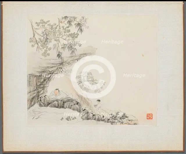 Album of Landscape Paintings Illustrating Old Poems: A Man Lies under a Rocky Overhang…, 1700s. Creator: Hua Yan (Chinese, 1682-about 1765).