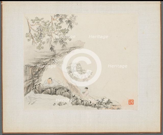Album of Landscape Paintings Illustrating Old Poems: A Man Lies under a Rocky Overhang…, 1700s. Creator: Hua Yan (Chinese, 1682-about 1765).