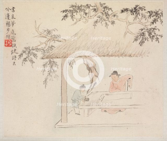 Album of Landscape Paintings Illustrating Old Poems: A Man Sits at a Table..., 1700s. Creator: Hua Yan (Chinese, 1682-about 1765).
