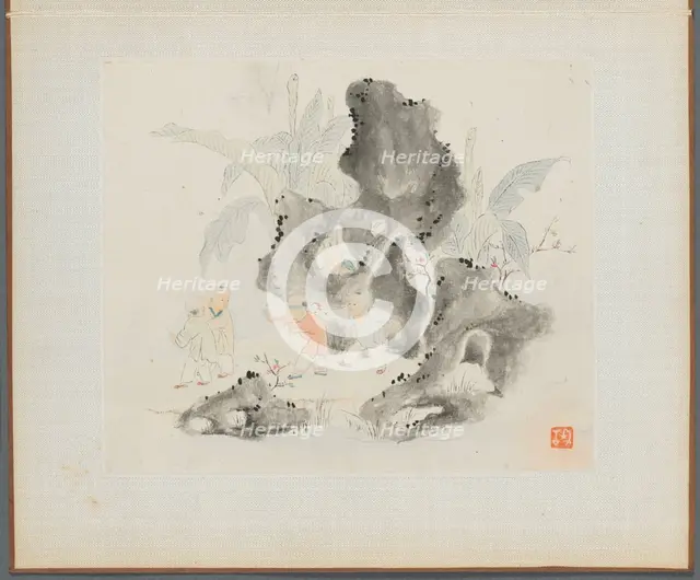 Album of Landscape Paintings Illustrating Old Poems: Children Play in a Rocky Grove, 1700s. Creator: Hua Yan (Chinese, 1682-about 1765).