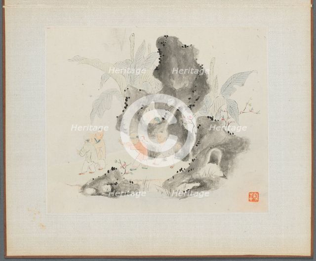 Album of Landscape Paintings Illustrating Old Poems: Children Play in a Rocky Grove, 1700s. Creator: Hua Yan (Chinese, 1682-about 1765).