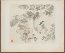 Album of Landscape Paintings Illustrating Old Poems: Two Women Sit at a Table..., 1700s. Creator: Hua Yan (Chinese, 1682-about 1765)