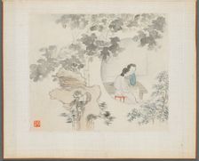 Album of Landscape Paintings Illustrating Old Poems: Two Women Sit at a Table..., 1700s. Creator: Hua Yan (Chinese, 1682-about 1765)