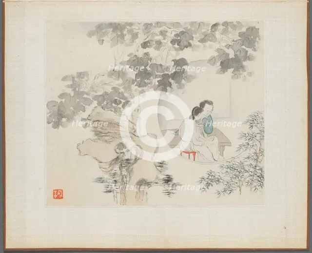 Album of Landscape Paintings Illustrating Old Poems: Two Women Sit at a Table..., 1700s. Creator: Hua Yan (Chinese, 1682-about 1765).