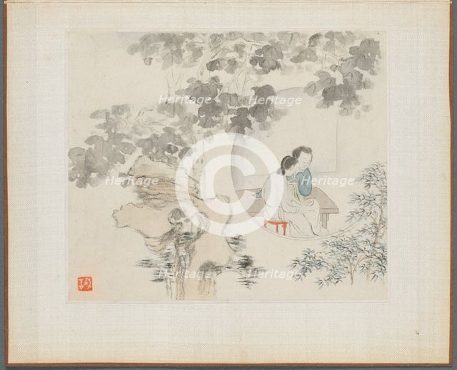 Album of Landscape Paintings Illustrating Old Poems: Two Women Sit at a Table..., 1700s. Creator: Hua Yan (Chinese, 1682-about 1765).