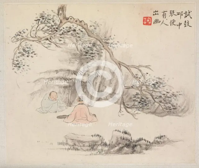 Album of Landscape Paintings Illustrating Old Poems: Two Figures Outside..., 1700s. Creator: Hua Yan (Chinese, 1682-about 1765).