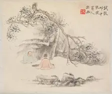 Album of Landscape Paintings Illustrating Old Poems: Two Figures Outside..., 1700s. Creator: Hua Yan (Chinese, 1682-about 1765)