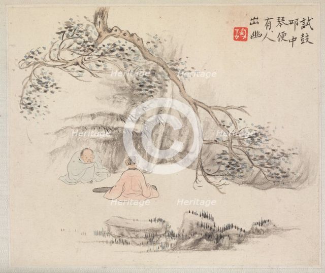 Album of Landscape Paintings Illustrating Old Poems: Two Figures Outside..., 1700s. Creator: Hua Yan (Chinese, 1682-about 1765).