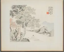 Album of Landscape Paintings Illustrating Old Poems: Three Big Trees, a Stream..., 1700s. Creator: Hua Yan (Chinese, 1682-about 1765)