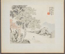 Album of Landscape Paintings Illustrating Old Poems: Three Big Trees, a Stream..., 1700s. Creator: Hua Yan (Chinese, 1682-about 1765)