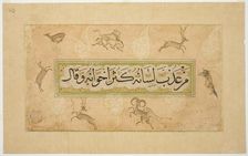 Album Page with Calligraphic Specimen and Animal Border, late 17th cent. (border); c16th cent... Creator: Unknown