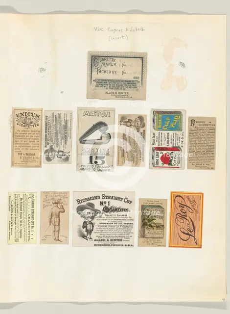 Album page with twelve tobacco coupons and labels, ca. 1888. Creator: Unknown.