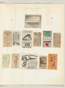 Album page with twelve tobacco coupons and labels, ca. 1888. Creator: Unknown