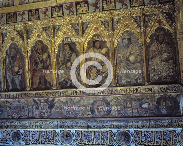 Alcazar of Seville, Hall of Ambassadors, detail of the Paintings where appear kings John II, Henr…