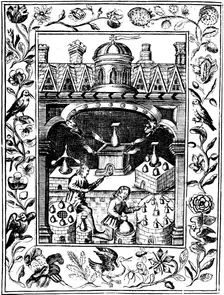 Alchemical laboratory showing various forms of furnace and vessels, 1652. Creator: Unknown