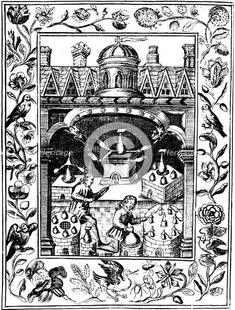 Alchemical laboratory showing various forms of furnace and vessels, 1652. Artist: Unknown