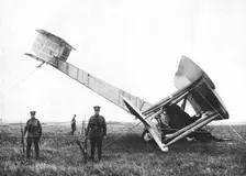 Alcock and Brown's aeroplane after completing the first non-stop transatlantic flight, 1919
