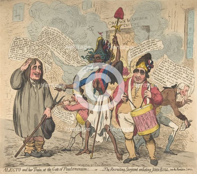 Alecto and Her Train, at the Gate of Pandaemonium:-or-The Recruiting Sarjeant Enli..., July 4, 1791. Creator: James Gillray.