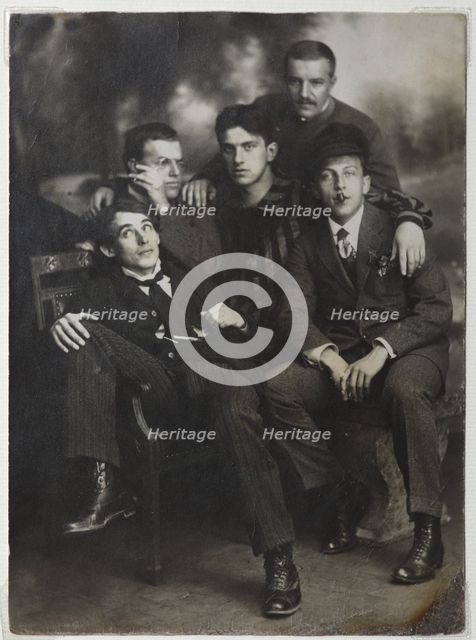 Aleksei Kruchenykh, David Burliuk, Vladimir Mayakovsky, Nikolai Burliuk and Benedikt Livshits, 1913. Creator: Anonymous.
