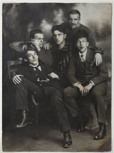 Aleksei Kruchenykh, David Burliuk, Vladimir Mayakovsky, Nikolai Burliuk and Benedikt Livshits, 1913. Creator: Anonymous