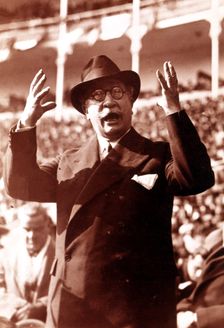 Alejandro Lerroux García (1864-1949), Spanish politician, speaking in a meeting at Bullring of B…