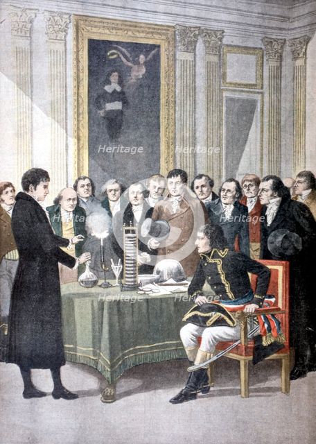 Alessandro Volta, demonstrating his pile (battery) to Napoleon, (c1800) 1901. Artist: Unknown