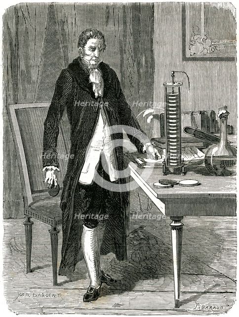 Alessandro Volta, Italian physicist, demonstrating his electric pile (battery), c1800 (c1870). Creator: Unknown.