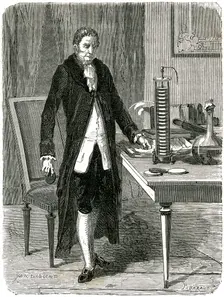 Alessandro Volta, Italian physicist, demonstrating his electric pile (battery), c1800 (c1870). Creator: Unknown