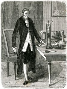 Alessandro Volta, Italian physicist, demonstrating his electric pile (battery), c1800 (c1870). Creator: Unknown