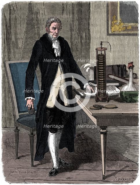 Alessandro Volta, Italian physicist, demonstrating his electric pile (battery), c1800 (c1870). Artist: Unknown.