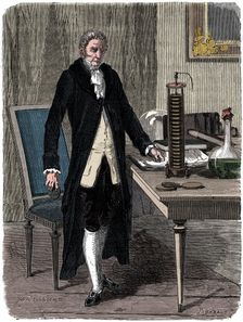 Alessandro Volta, Italian physicist, demonstrating his electric pile (battery), c1800 (c1870)